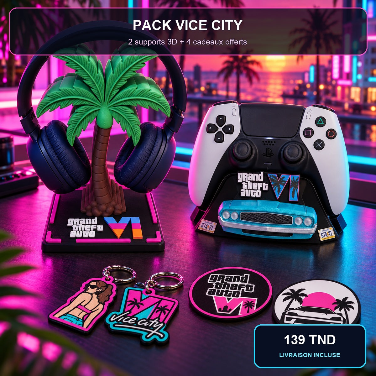 Visuel principal du pack GTA VI Vice City : deux supports et quatre cadeaux