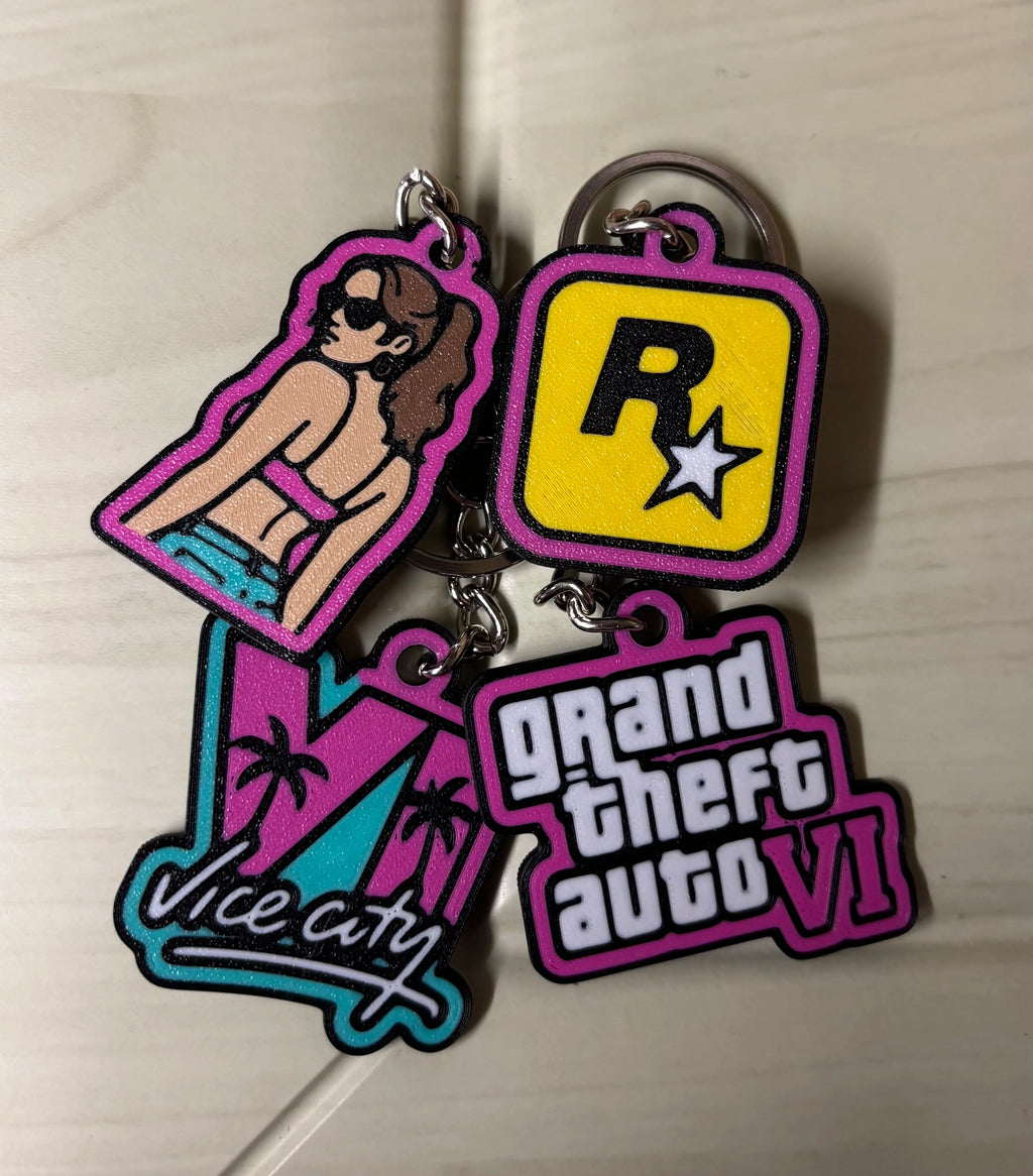 Aperçu des porte-clés GTA VI et Vice City imprimés en 3D
