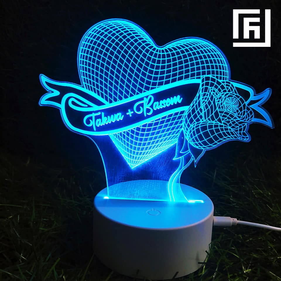 Lampe LED 3D Couple Cœur & Rose 🌹 Personnalisée