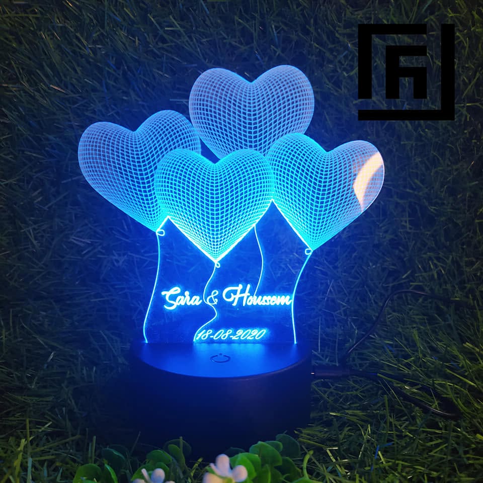 Lampe LED 3D Cœurs Personnalisée 💜 Prénoms & Date