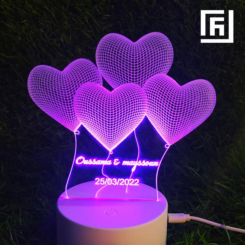Lampe LED 3D Cœurs Personnalisée 💜 Prénoms & Date