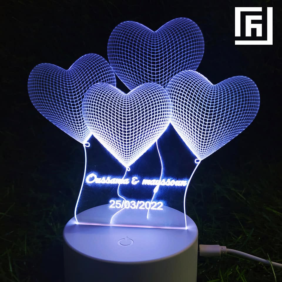 Lampe LED 3D Cœurs Personnalisée 💜 Prénoms & Date
