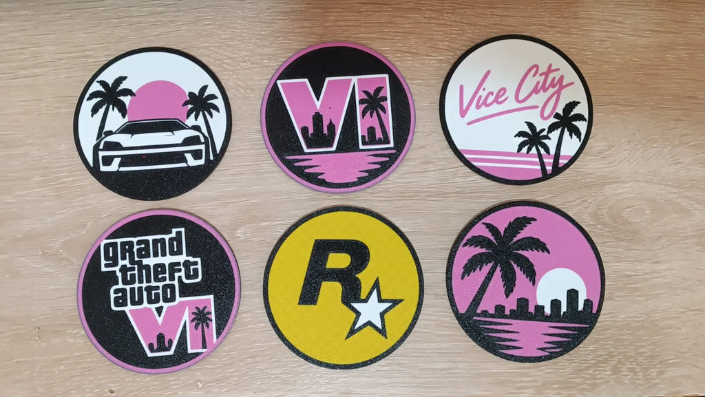 Les six dessous de verre GTA VI aux motifs Vice City et Rockstar