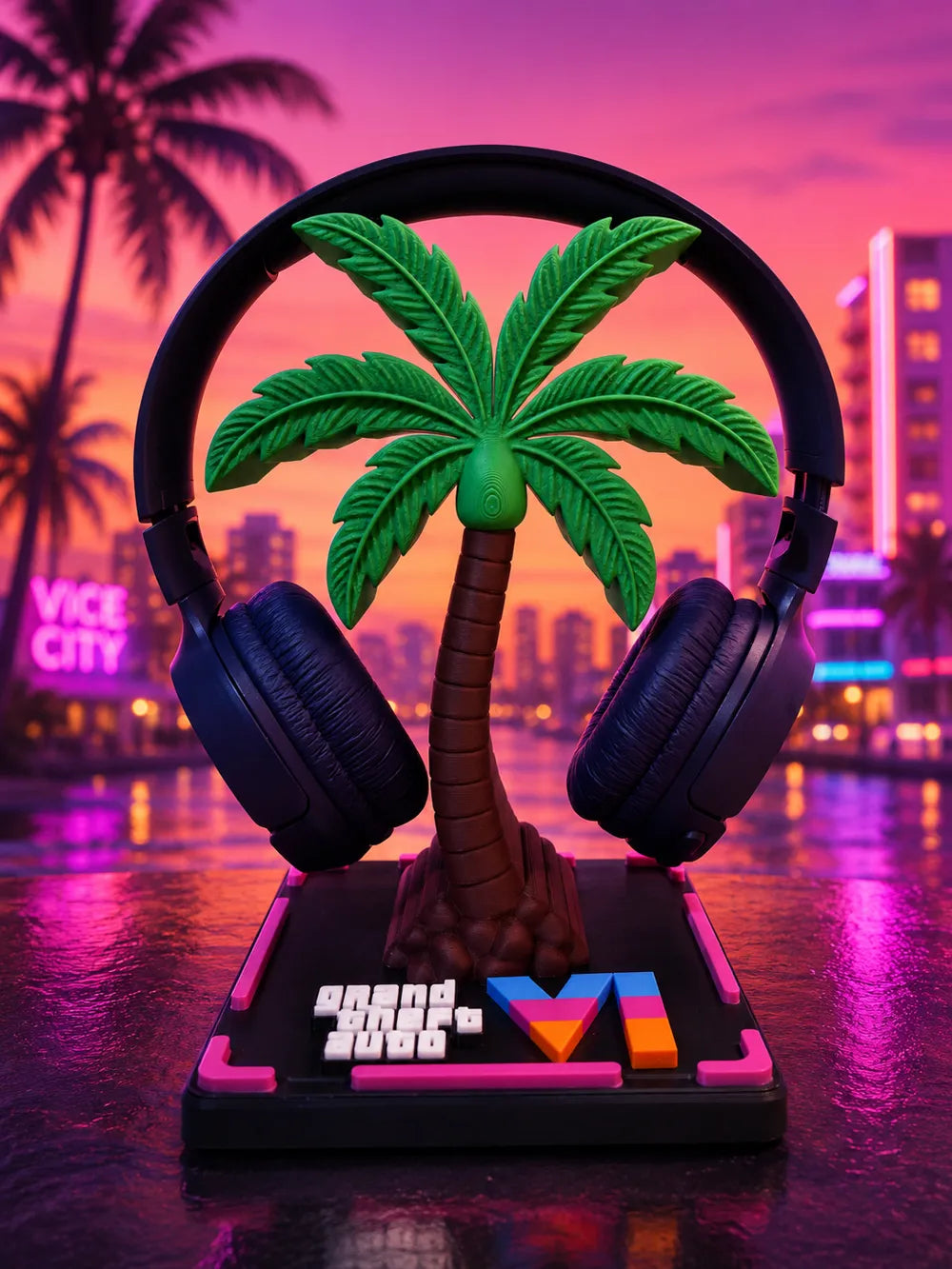 Photo originale du support de casque Vice City avec casque de démonstration