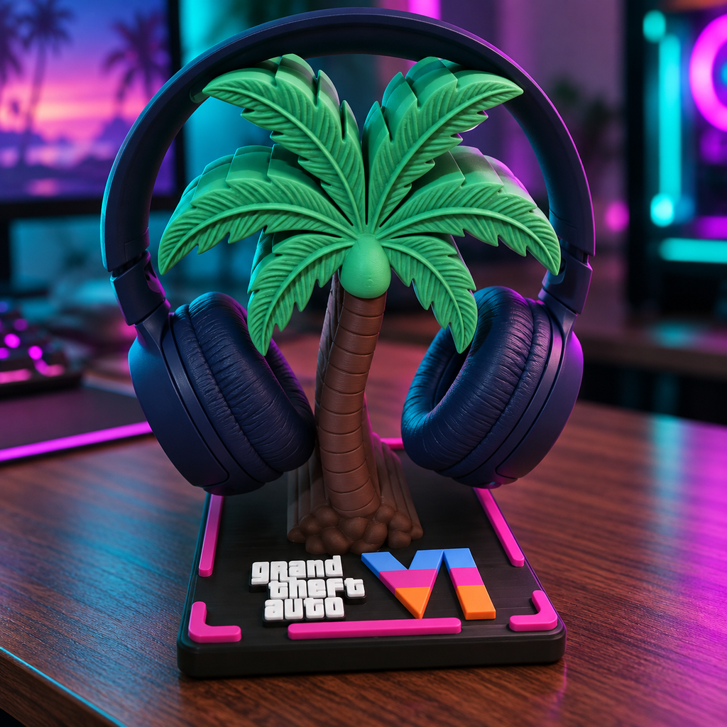 Mise en scène générée en gros plan du support GTA VI Vice City sous éclairage néon