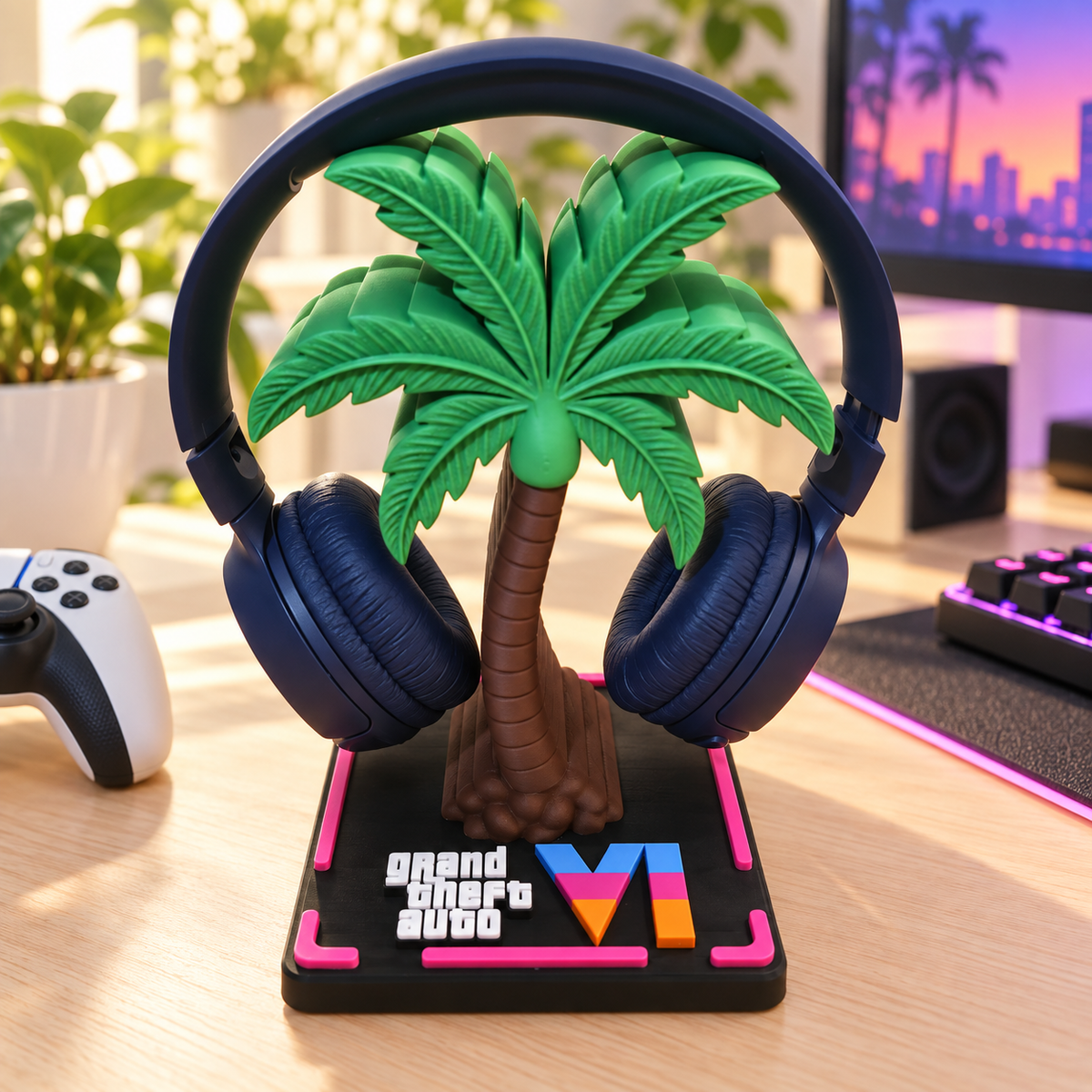 Mise en scène générée du support GTA VI Vice City sur un bureau gaming lumineux